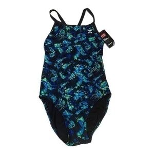 TYR Women's Emulsion Diamondfit Swimsuit - Blue Black Green -Size 32 (Small)